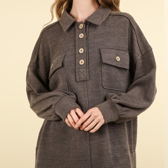VERY J Charcoal Collared Half Button Knit Top with Pockets - Picture 1 of 7